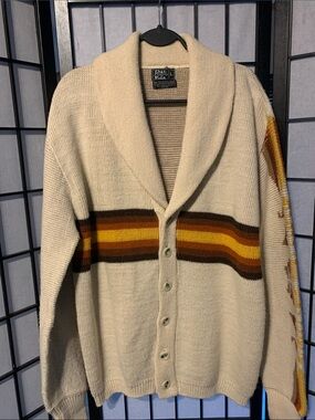 JCPenney Cream Shawl Collar Cardigan with Brown and Yellow Stripes Size L